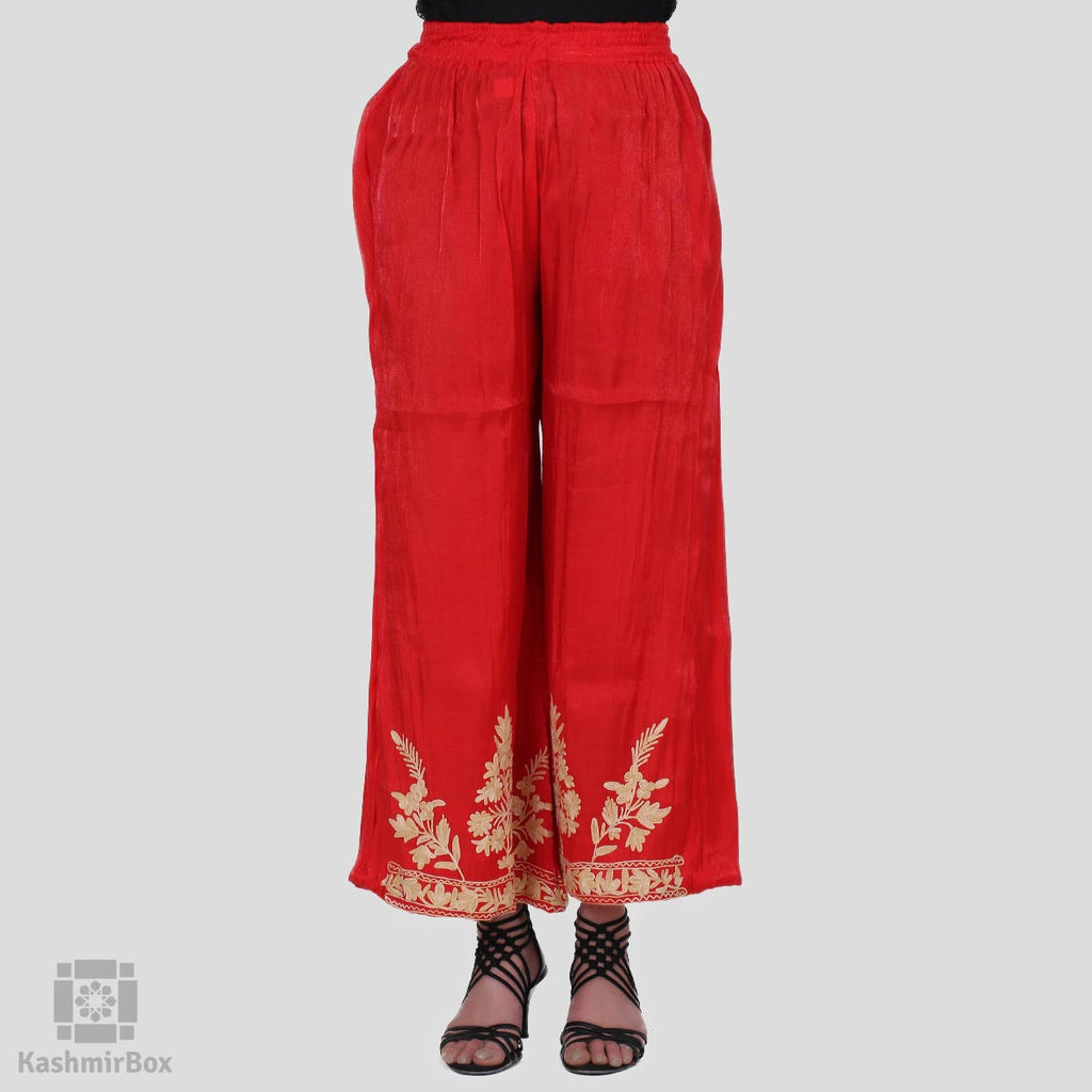 Candy Red Floral Embroidered Palazzos - KashmirBox.com