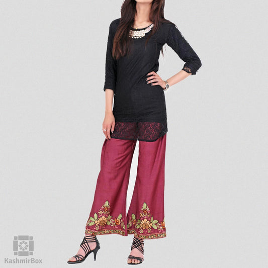 Deep Wine Floral Flared Embroidered Cotton Palazzos - KashmirBox.com