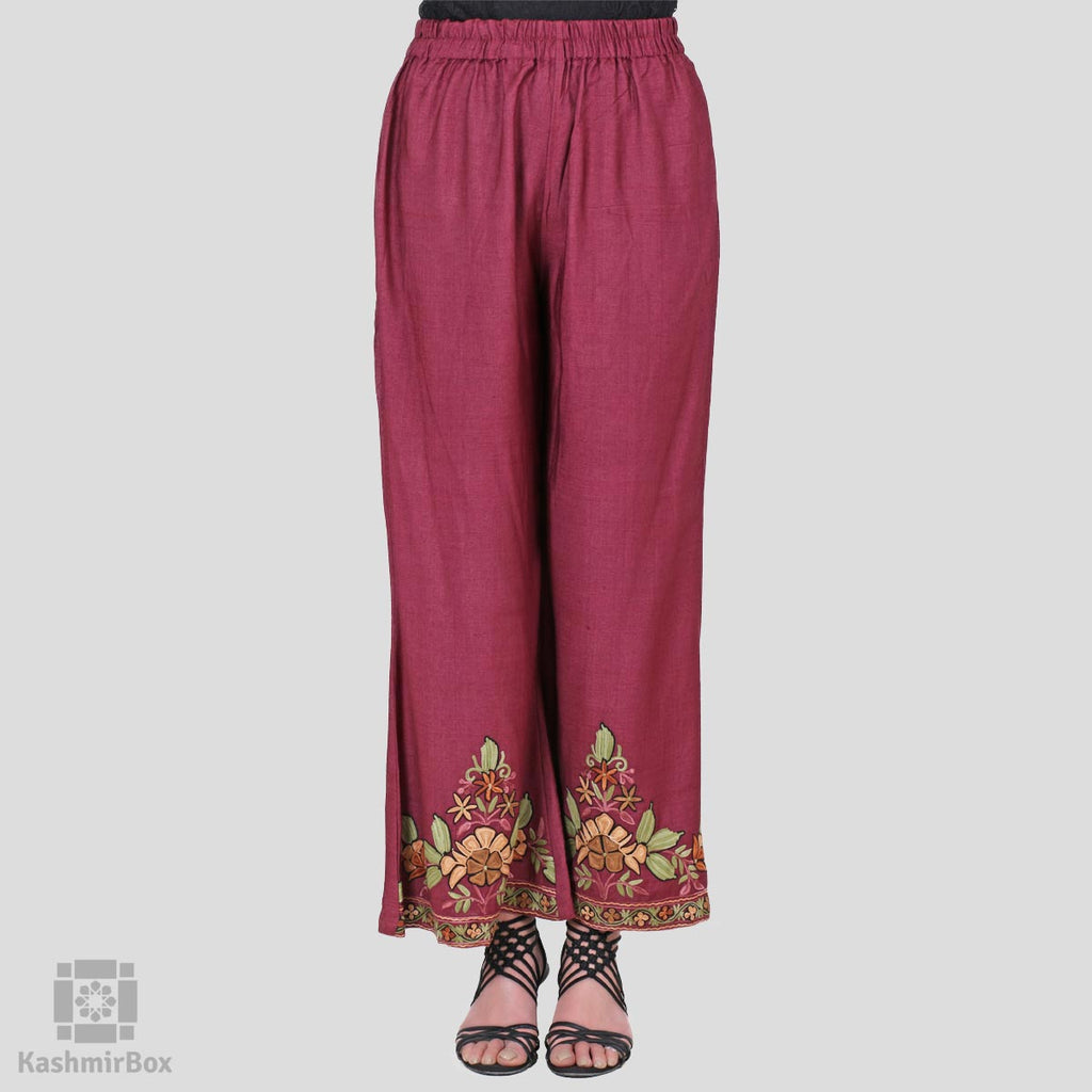 Deep Wine Floral Flared Embroidered Cotton Palazzos - KashmirBox.com