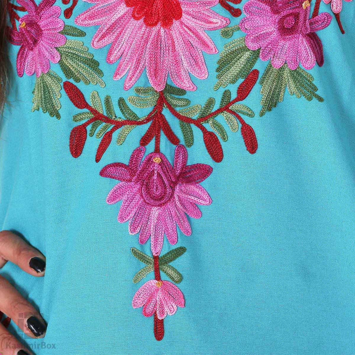 Sapphire Blue Daisy Flower Embroidered Kurti - KashmirBox.com