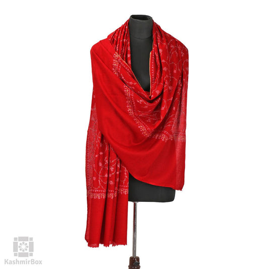 Ruby Red Sozni Embroidered Jaaldar Woolen Shawl - Kashmir Box
