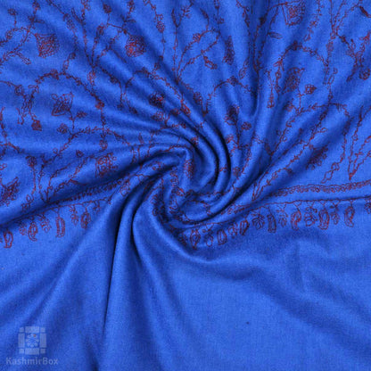 Cobalt Blue Sozni Embroidered Jaaldar Woolen Shawl - Kashmir Box