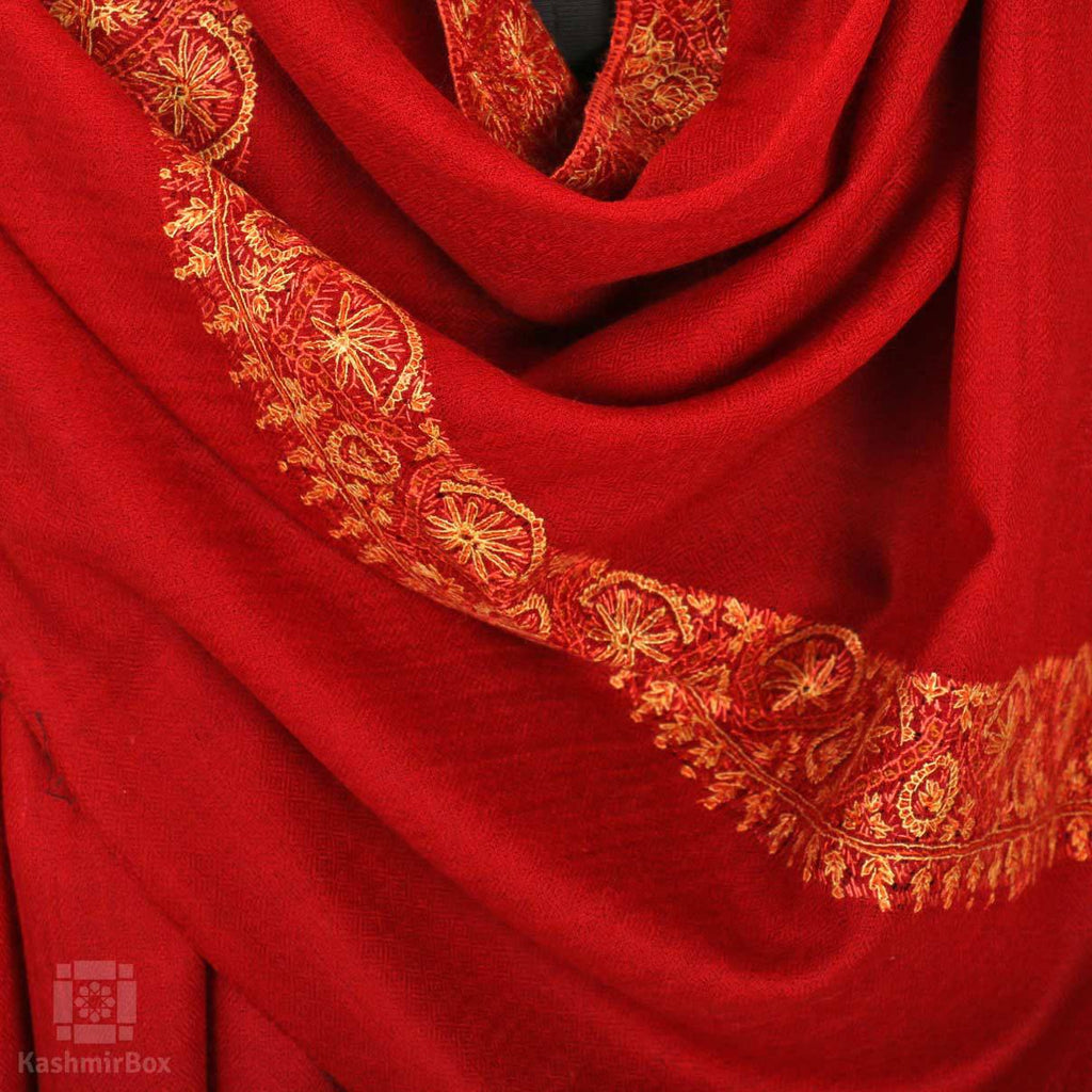 Scarlett Red Sozni Kari Doredar Woolen Shawl - Kashmir Box
