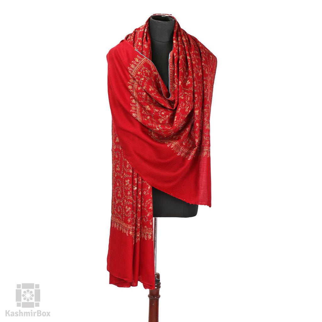 Chery Red Sozni Embroidered Jaaldaar Woolen Shawl - Kashmir Box