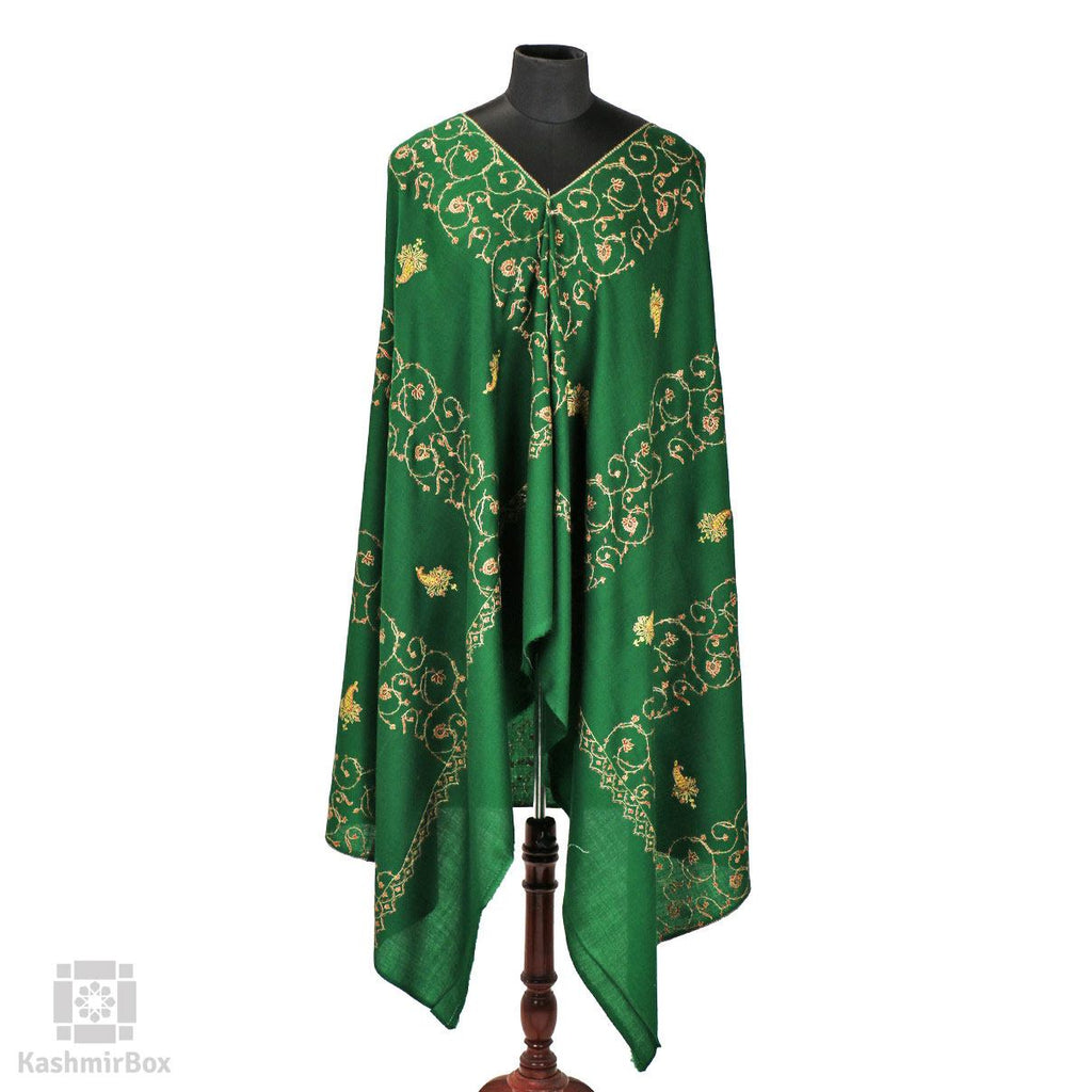 Pine Green Sozni Embroidered Paisley Woolen Shawl - Kashmir Box