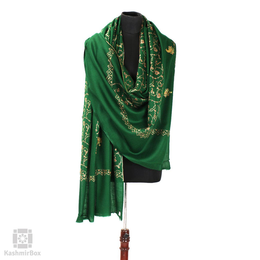 Pine Green Sozni Embroidered Paisley Woolen Shawl - Kashmir Box