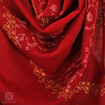 Ruby Red Sozni Embroidered Paisley Woolen Shawl - Kashmir Box