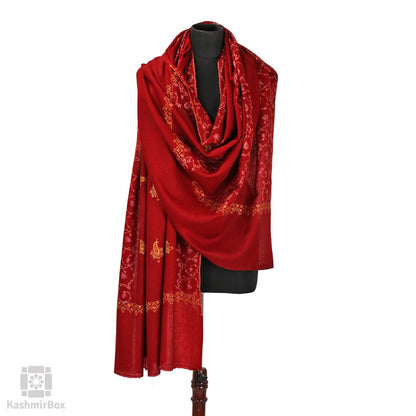 Ruby Red Sozni Embroidered Paisley Woolen Shawl - Kashmir Box