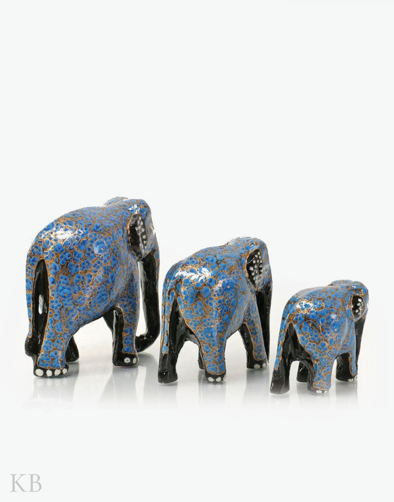 Blue Floral Paper Mache Elephants (Set of 3) - Kashmir Box