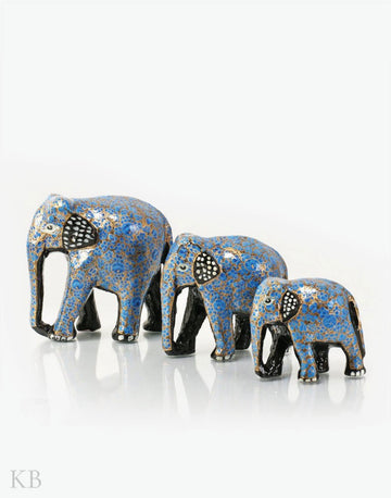 Blue Floral Paper Mache Elephants (Set of 3) - Kashmir Box