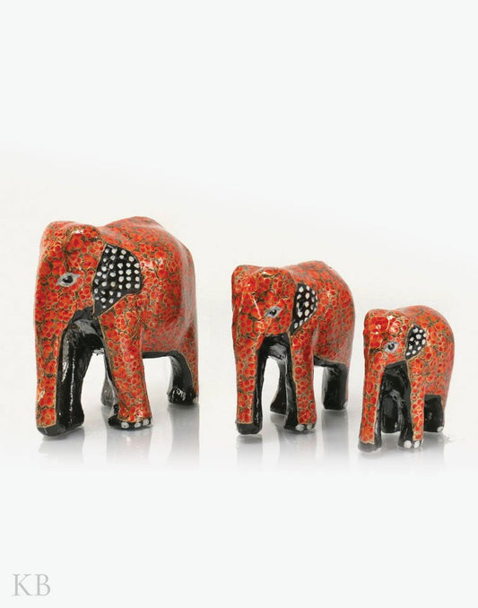 Red Floral Paper Mache Elephants (Set of 3) - Kashmir Box