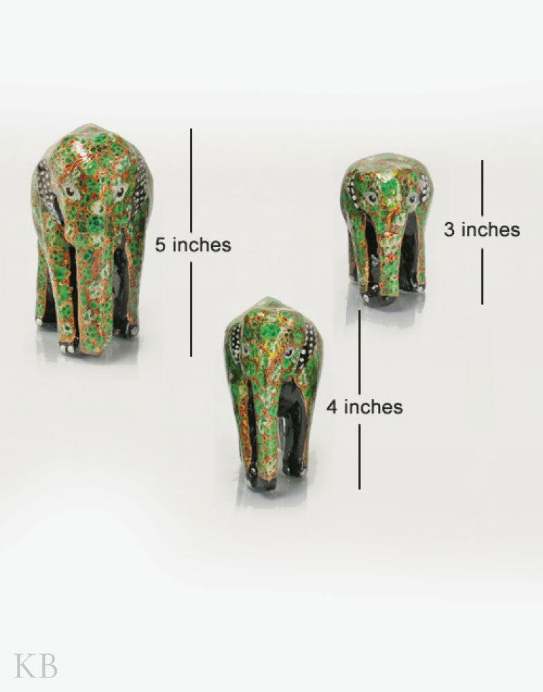 Green Floral Paper Mache Elephants (Set of 3) - Kashmir Box