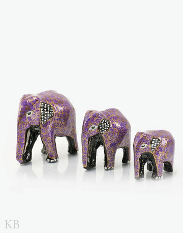 Purple Floral Paper Mache Elephants (Set of 3) - Kashmir Box
