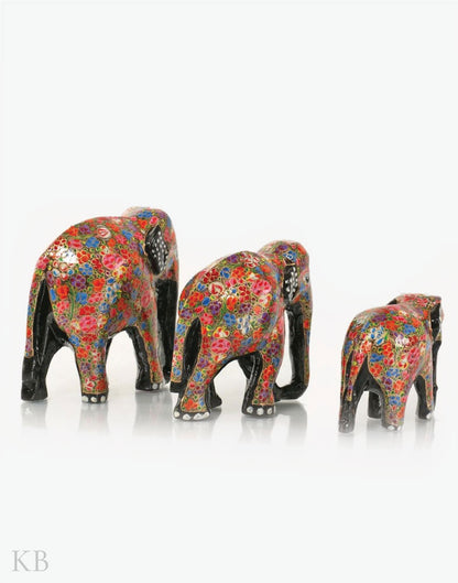 Multicoloured Floral Paper Mache Elephants (Set of 3) - Kashmir Box