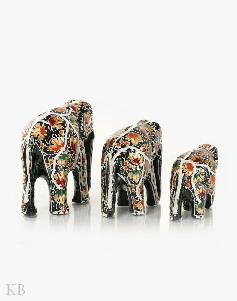 Gold And Black Floral Paper Mache Elephants (Set of 3) - Kashmir Box