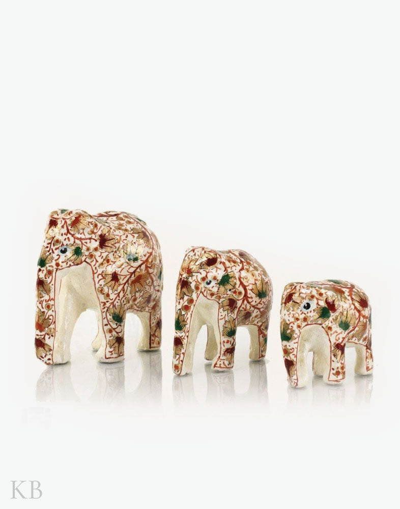 Gold Vine Handmade Paper Mache Elephants (Set of 3) - Kashmir Box