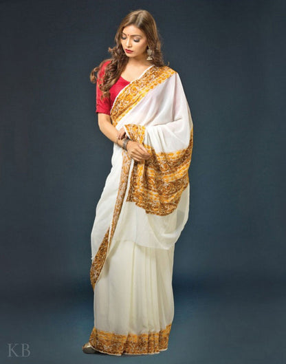 White And Gold Aari Embroidered Georgette Saree - Kashmir Box