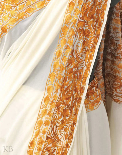 White And Gold Aari Embroidered Georgette Saree - Kashmir Box