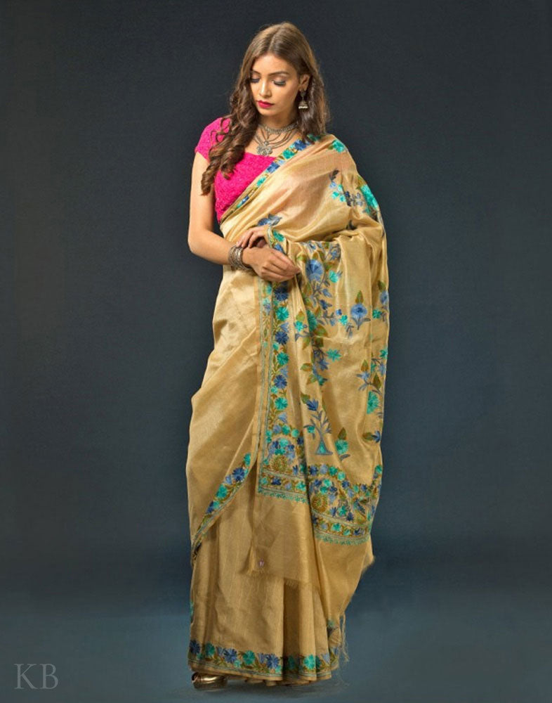 Golden Tan Flowery Pallu Aari Embroidered Silk Saree - Kashmir Box