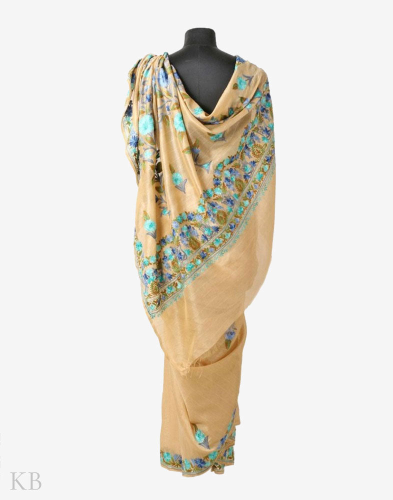 Golden Tan Flowery Pallu Aari Embroidered Silk Saree - Kashmir Box