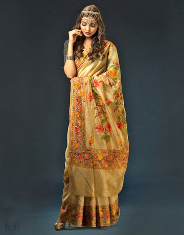 Golden Floral Pallu Aari Embroidered Silk Saree - Kashmir Box