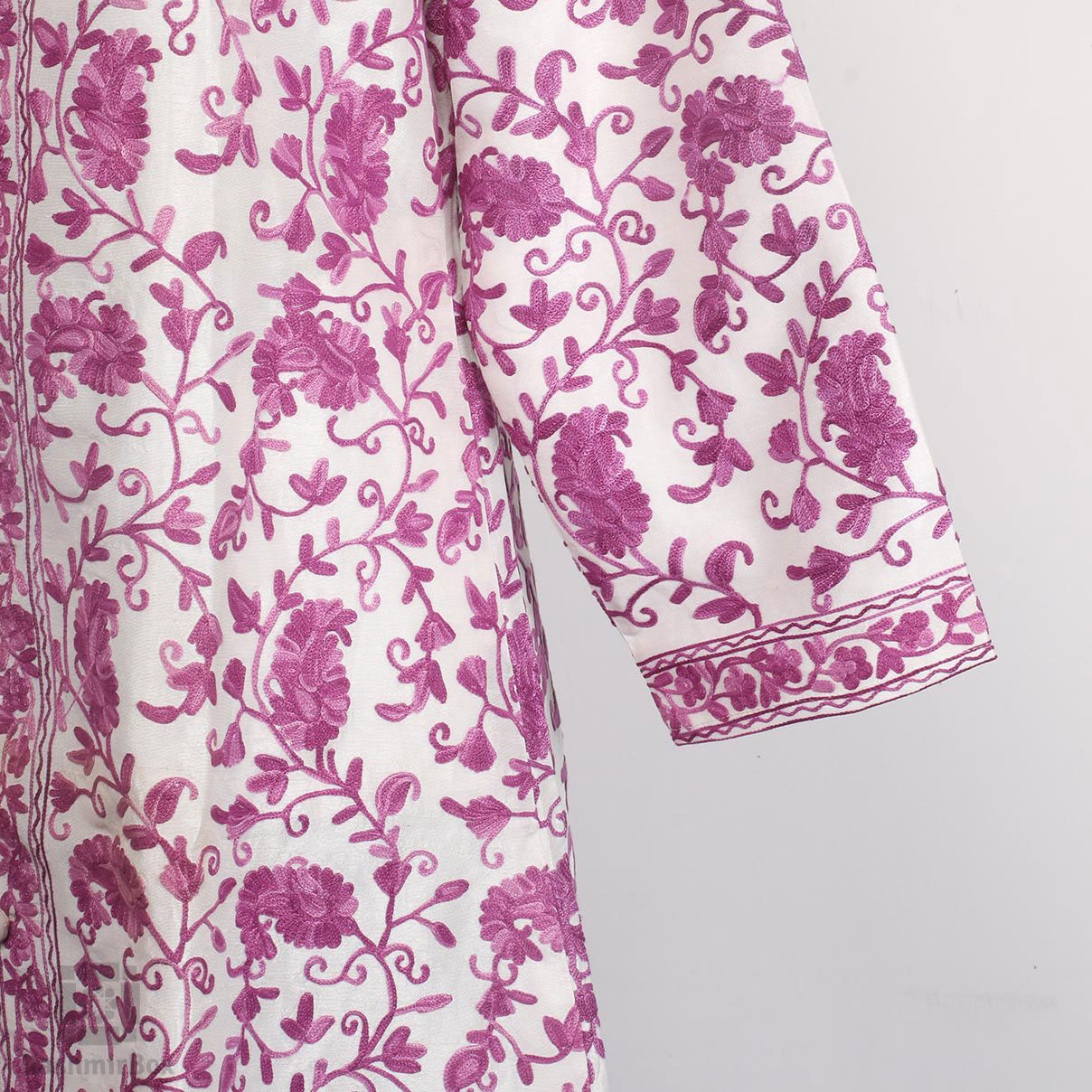 Paisleyed Aari Embroidered White Silk Jacket - Kashmir Box