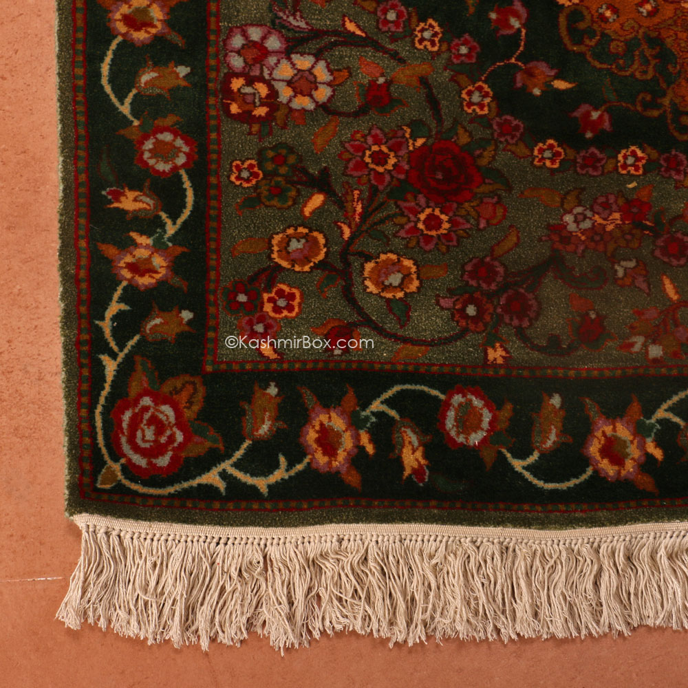 Green Gulabdar Silk Carpet - KashmirBox.com