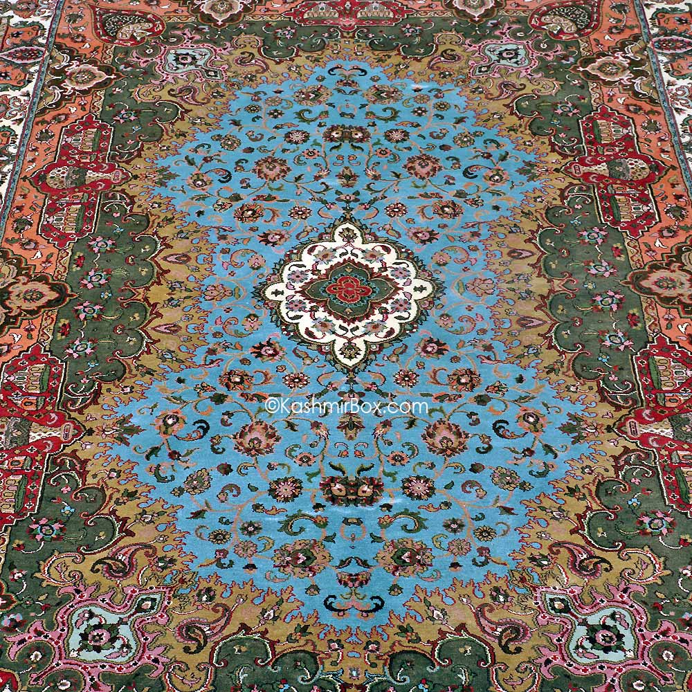 Blue Kirman Silk Carpet - KashmirBox.com