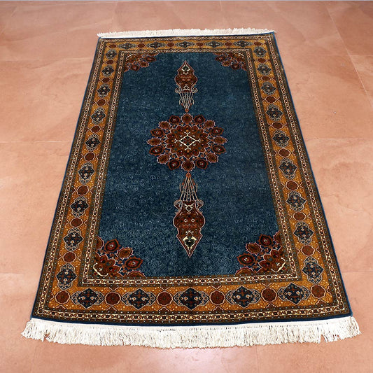 Blue Ardabil Silk Carpet - KashmirBox.com