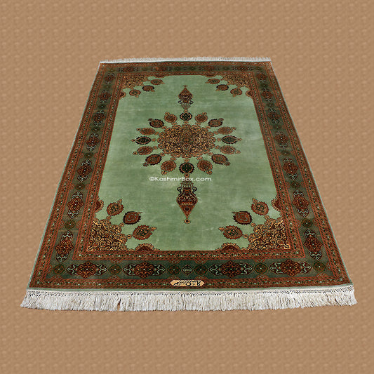 Sea Green Ardabil Silk Carpet - KashmirBox.com
