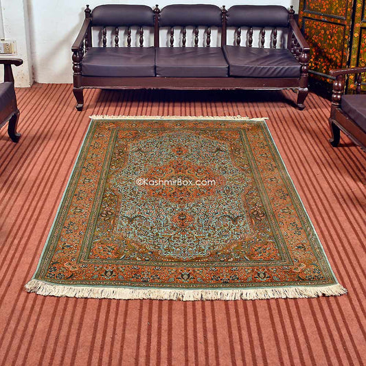 Sky Blue Mashad Silk Carpet - KashmirBox.com