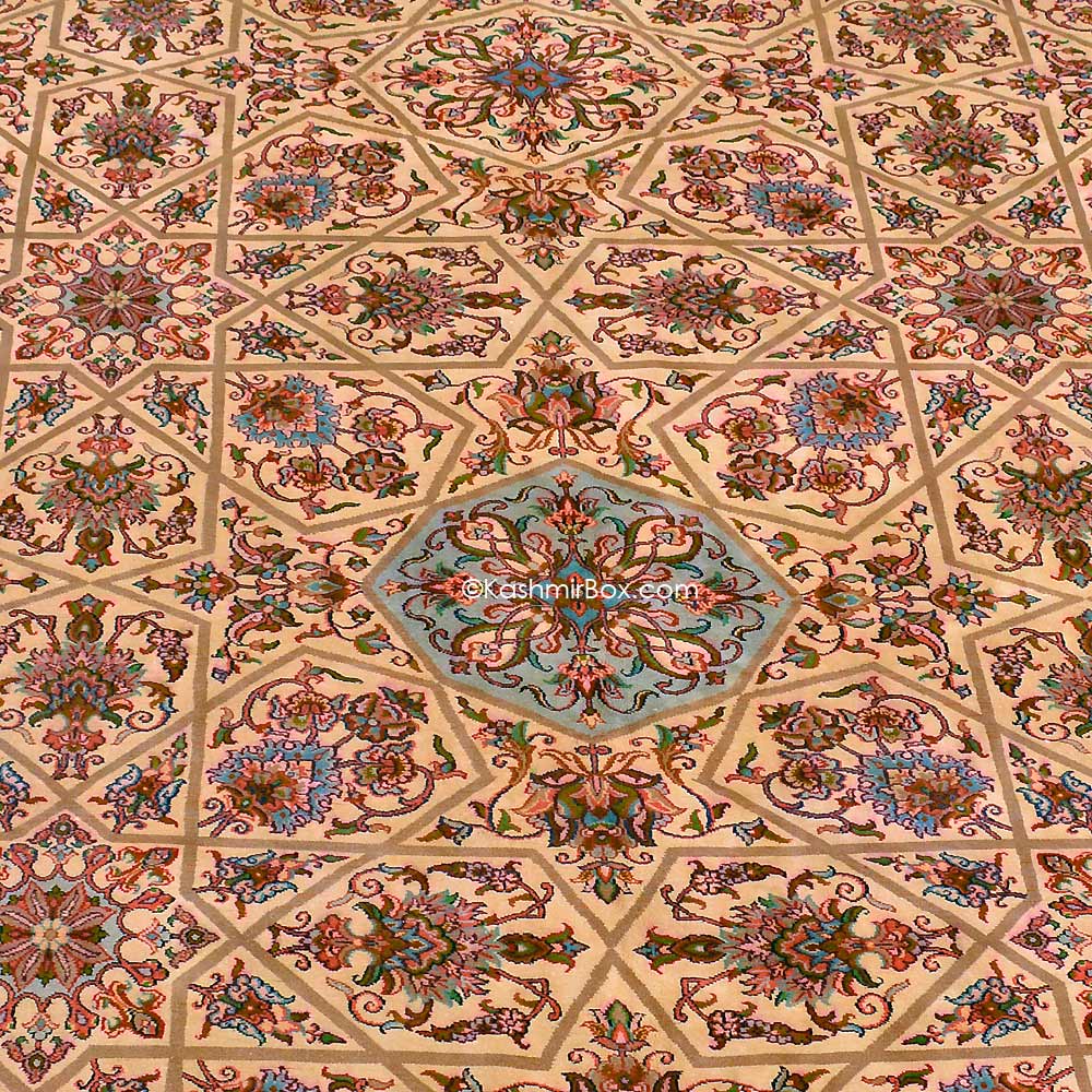Yellow Khatam Band Silk Carpet - KashmirBox.com