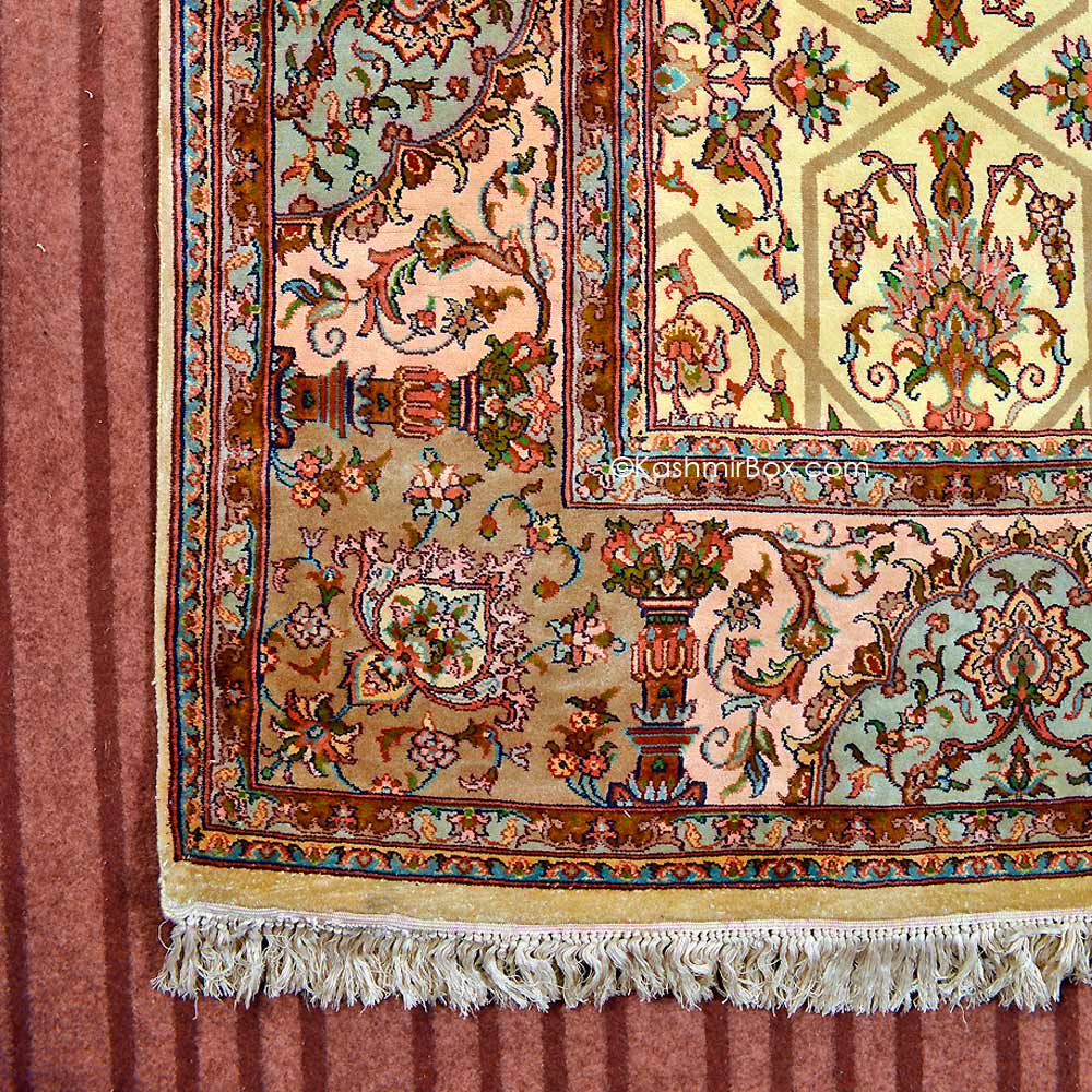 Yellow Khatam Band Silk Carpet - KashmirBox.com