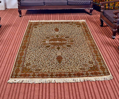 Cream Ardabil Silk Carpet - KashmirBox.com