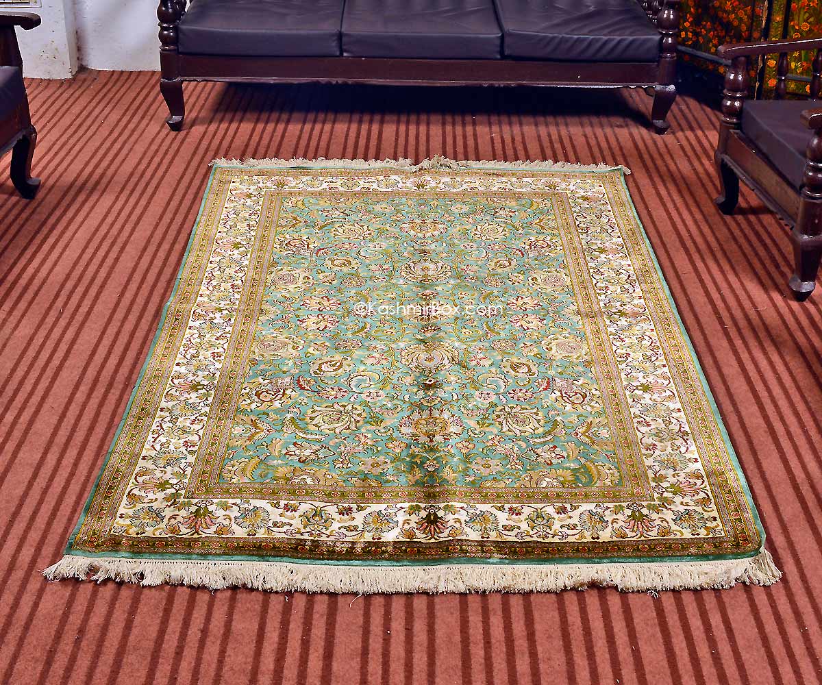 Green All Over Silk Carpet - KashmirBox.com