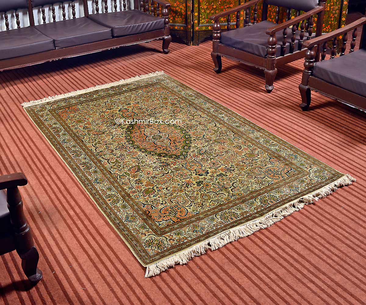 Cream Kashan Silk Carpet - KashmirBox.com