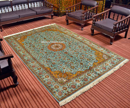 Sky Blue Kashan Silk Carpet - KashmirBox.com