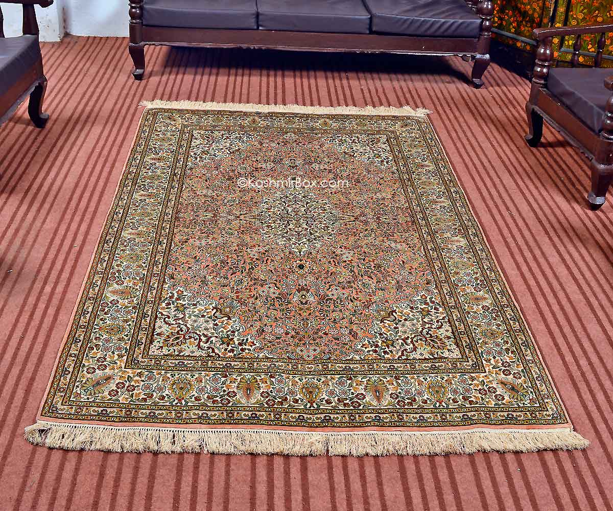 Salmon Kashan Silk Carpet - KashmirBox.com