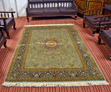 Turquoise Sadakdar Silk Carpet - KashmirBox.com