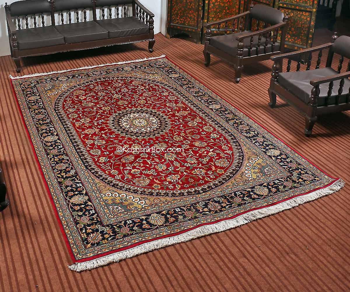 Buy Red Kashan Silk Cotton Carpet | Kashmir Box - KashmirBox.com