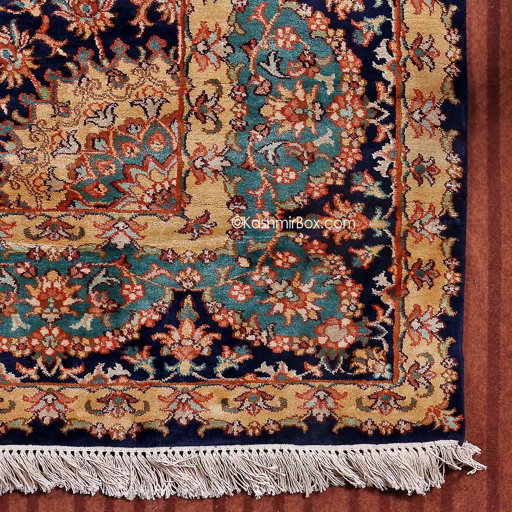 Blue Kirman Silk Cotton Carpet - KashmirBox.com