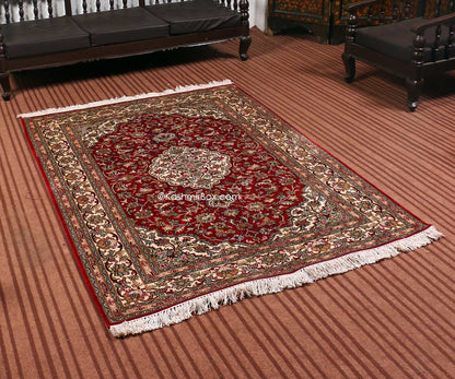 Red Kashan Silk Cotton Carpet - KashmirBox.com