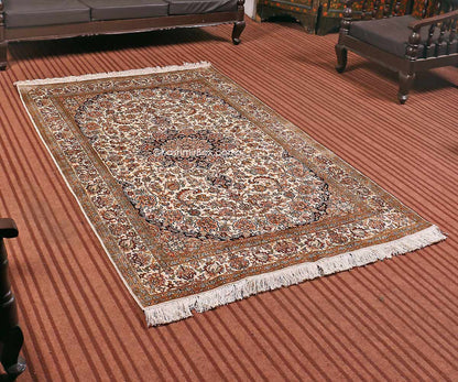 White Kashan Silk Cotton Carpet - KashmirBox.com