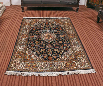 Blue Kashan Silk Cotton Carpet - KashmirBox.com