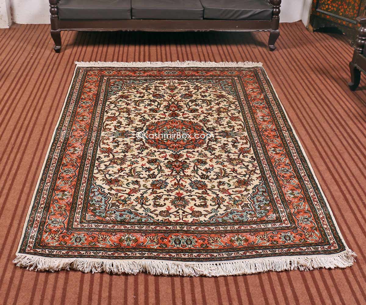 White Kashan Silk Cotton Carpet - KashmirBox.com