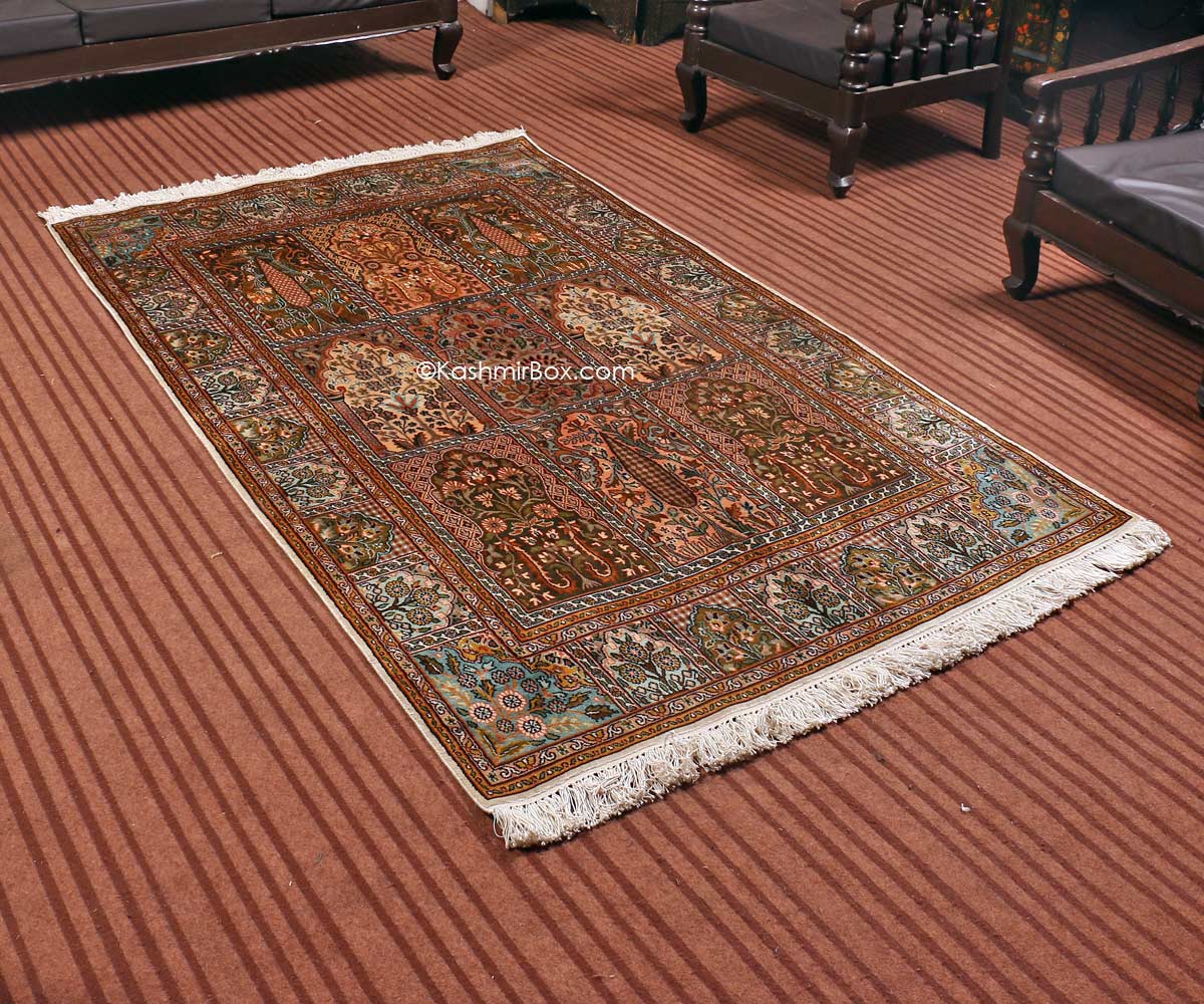 White Hamdan Silk Cotton Carpet - KashmirBox.com