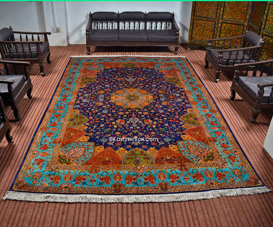 Kashan Blue Silk on Silk Carpet - KashmirBox.com