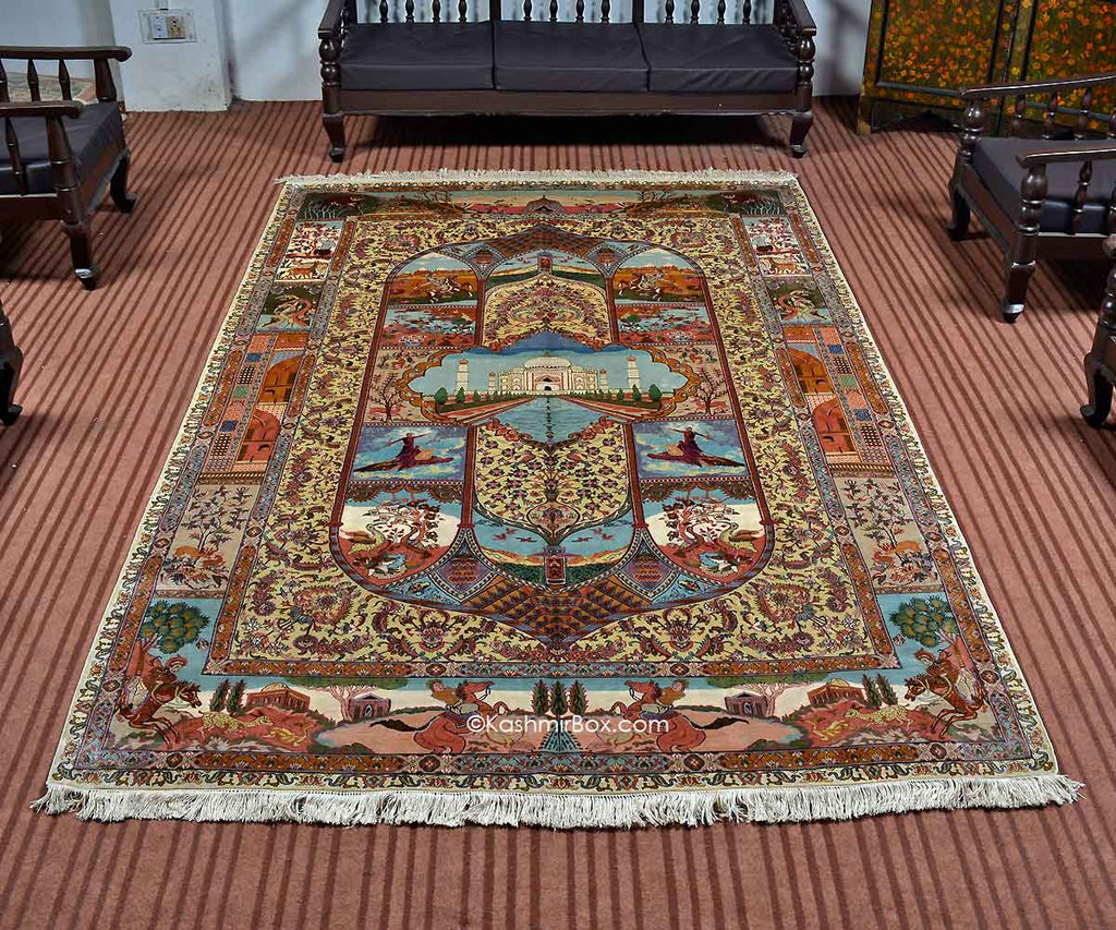 White Taj Mahal Silk Carpet - KashmirBox.com
