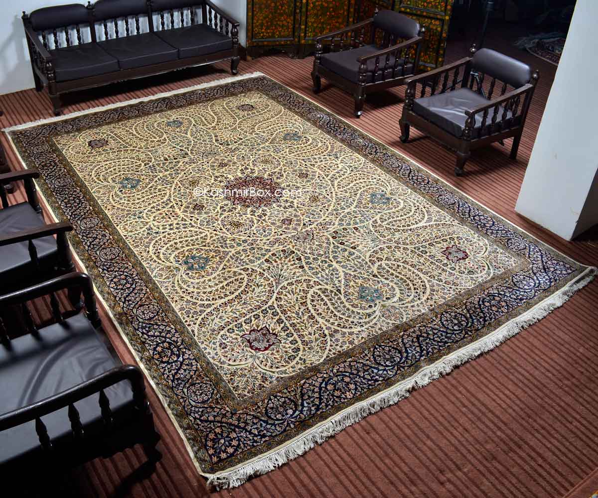 White Sadakdar Silk Carpet - KashmirBox.com