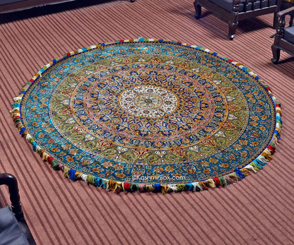 Blue Round Kashan Silk Carpet - KashmirBox.com